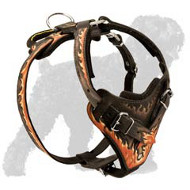 Terrific Hand-Painted Authentic Leather Dog Harness with Bright Flames for Active Russian Terriers