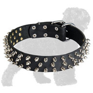 Leather Black Russian Terrier Collar with 3 Rows of Spikes