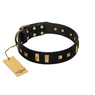 "Fit for Royalty" FDT Artisan Black Leather Black Russian Terrier Collar with Plates and Small Square Studs