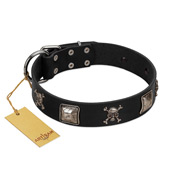 "Sea Rover" Embellished FDT Artisan Black Leather Black Russian Terrier Collar with Chrome Plated Crossbones and Plates