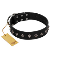 "Immense Power" Handcrafted FDT Artisan Black Leather Black Russian Terrier Collar with Small Dotted Pyramids