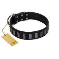 "Black Prince" Handmade FDT Artisan Black Leather Black Russian Terrier Collar with Silver-Like Adornments