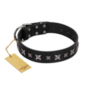 "Polar Lights" Designer FDT Artisan Black Leather Black Russian Terrier Collar with Silver-Like Studs