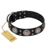 "Starry Sky" Trendy FDT Artisan Black Leather Black Russian Terrier Collar with Large Brooches