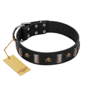 "Pirates' Symbol" Fashionable FDT Artisan Black Leather Black Russian Terrier Collar with Silver-Like Plates and Gold-Like Skull