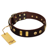 "Lord of Dogs" FDT Artisan Brown Leather Black Russian Terrier Collar with Old Bronze-like Dotted Studs and Tiles