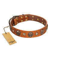 "Call of Feat" FDT Artisan Tan Leather Black Russian Terrier Collar with Old Bronze-like Studs and Oval Brooches