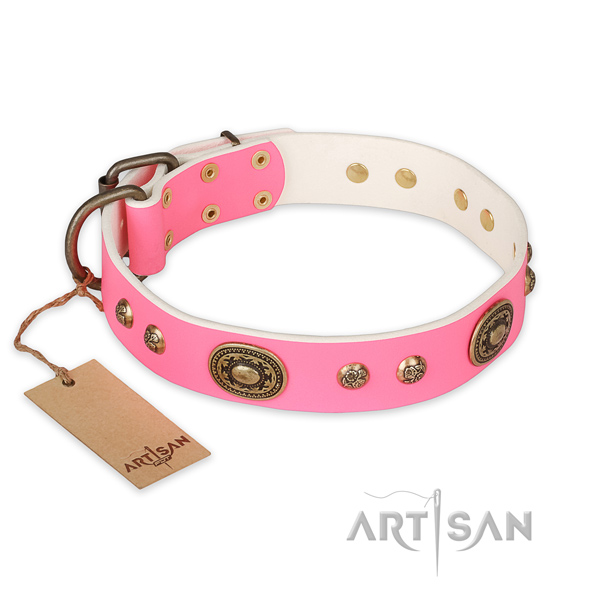 Decorated full grain genuine leather dog collar for handy use