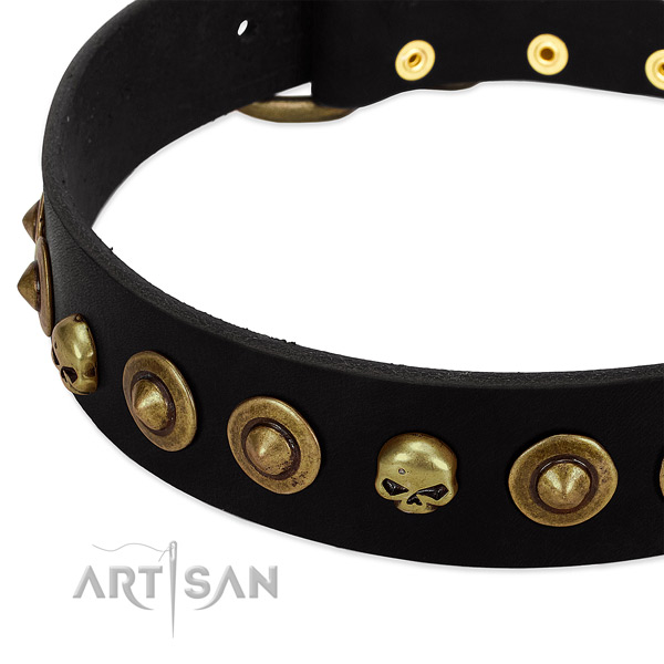 Full grain natural leather dog collar with top notch decorations