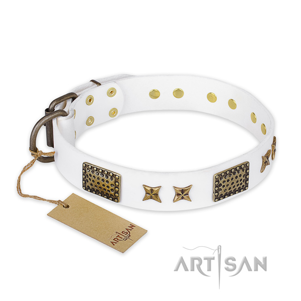 Adjustable natural genuine leather dog collar with durable traditional buckle