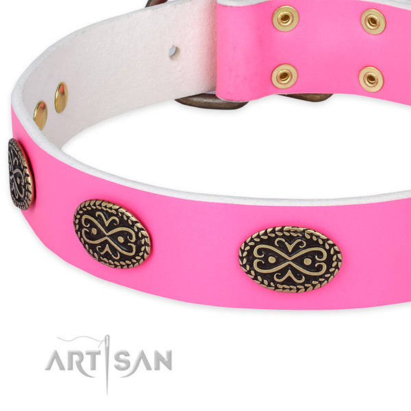 Genuine leather dog collar with adornments for handy use