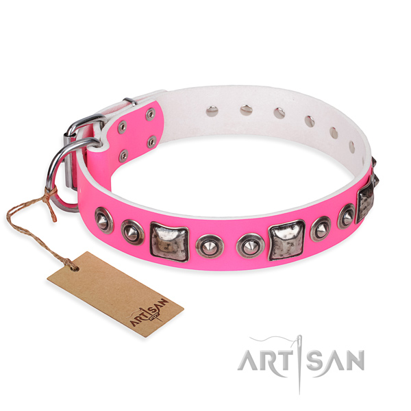 Full grain natural leather dog collar made of gentle to touch material with strong hardware