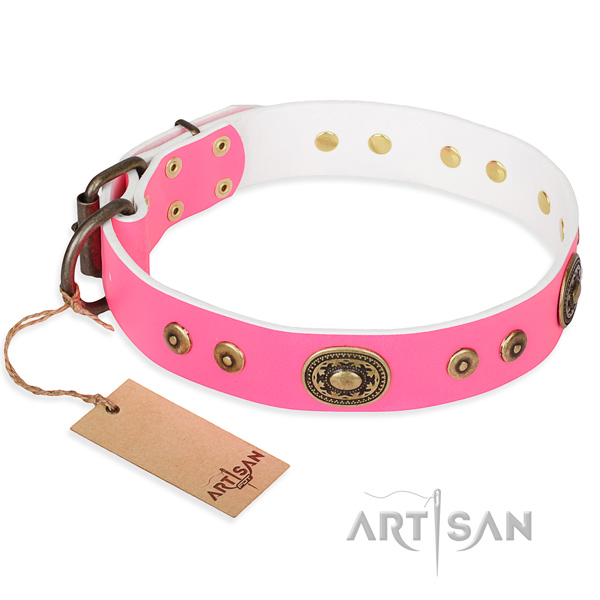 Natural genuine leather dog collar made of quality material with reliable traditional buckle