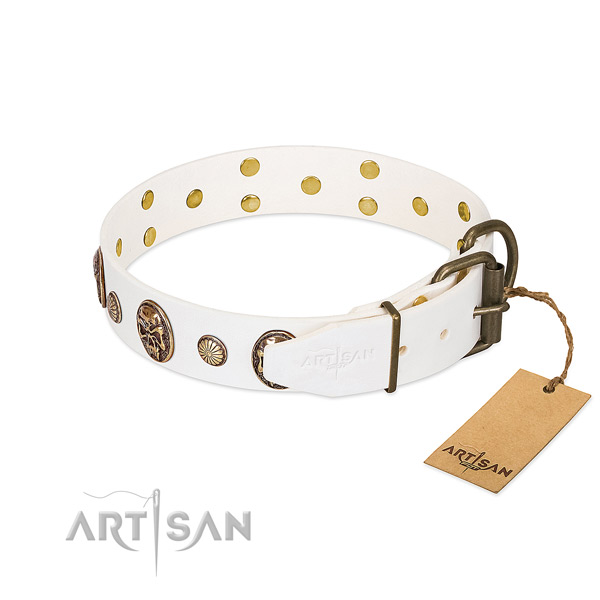 Strong D-ring on full grain genuine leather collar for fancy walking your four-legged friend