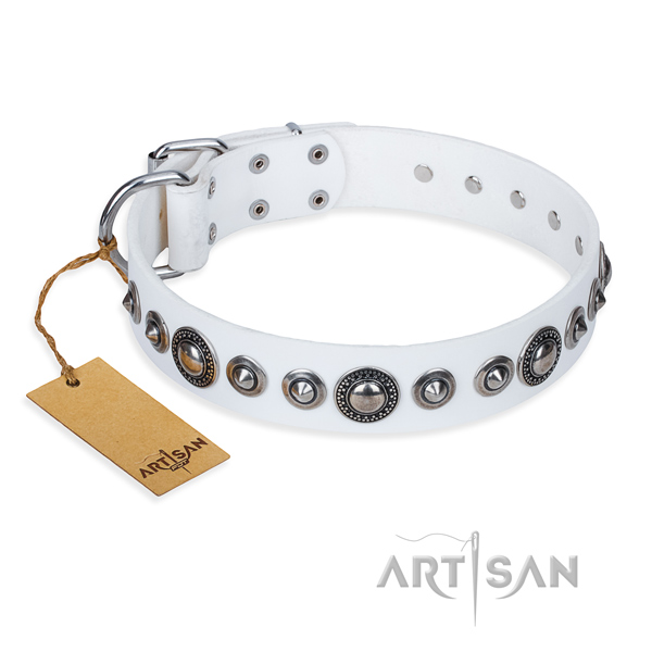 Leather dog collar made of soft material with corrosion resistant fittings