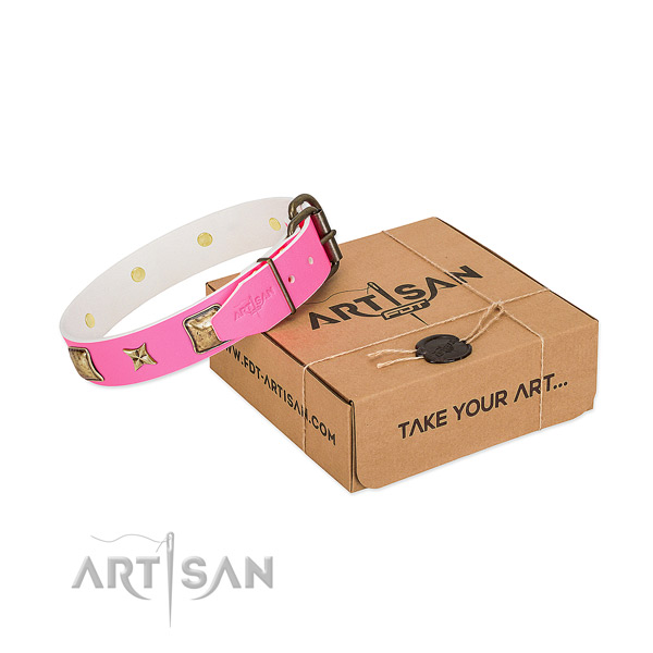 Corrosion resistant hardware on natural genuine leather dog collar for handy use