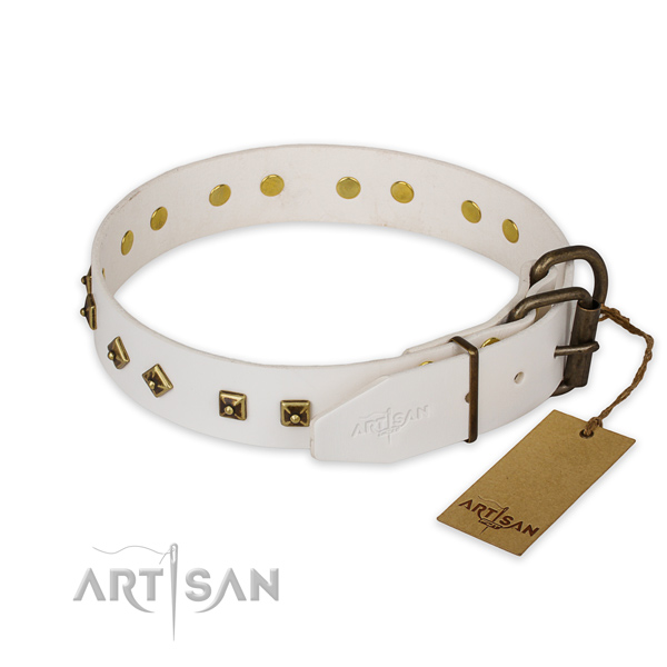 Corrosion resistant hardware on full grain natural leather collar for everyday walking your doggie