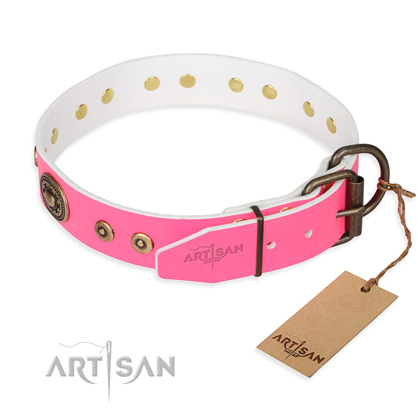 Full grain natural leather dog collar made of top notch material with rust-proof embellishments