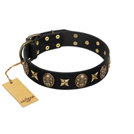 "Starry Saga" FDT Artisan Black Leather Black Russian Terrier Collar with Stars and Skulls