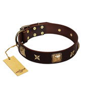 "Choco Dreams" FDT Artisan Brown Leather Black Russian Terrier Collar with Squares and Stars