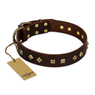 "Fashion Studs" FDT Artisan Decorated Leather Black Russian Terrier Collar with Old Bronze-Plated Steel Hardware