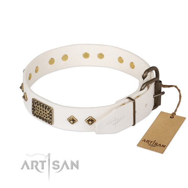 Full grain genuine leather dog collar with strong buckle and embellishments