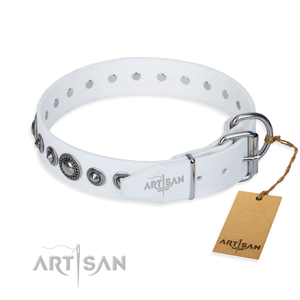 Genuine leather dog collar made of reliable material with corrosion proof decorations