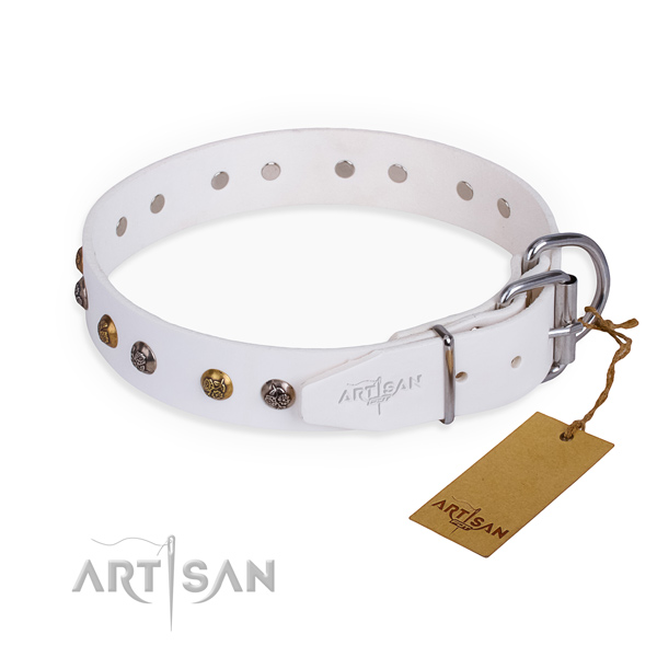 Natural leather dog collar with stylish design rust resistant decorations