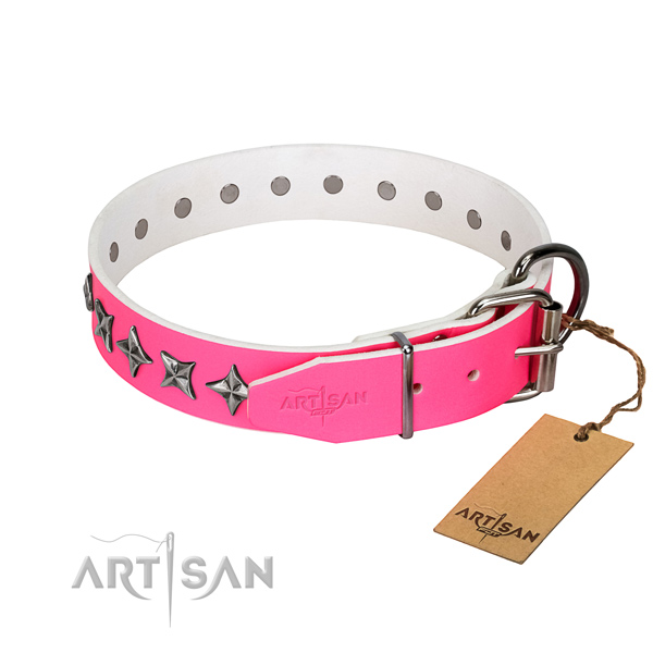 Strong genuine leather dog collar with exquisite decorations