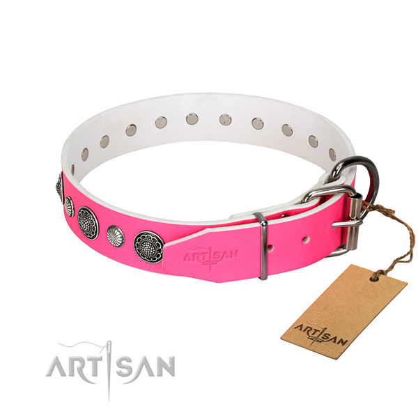 Reliable full grain genuine leather dog collar with corrosion resistant fittings