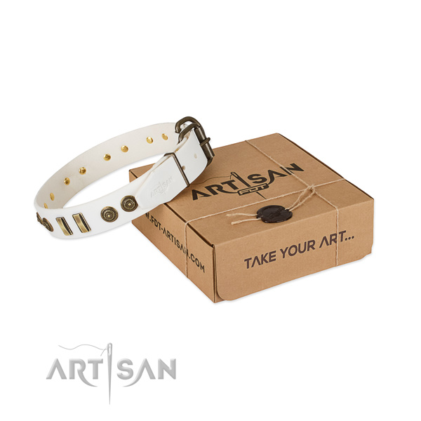 Rust resistant hardware on natural leather dog collar for your doggie