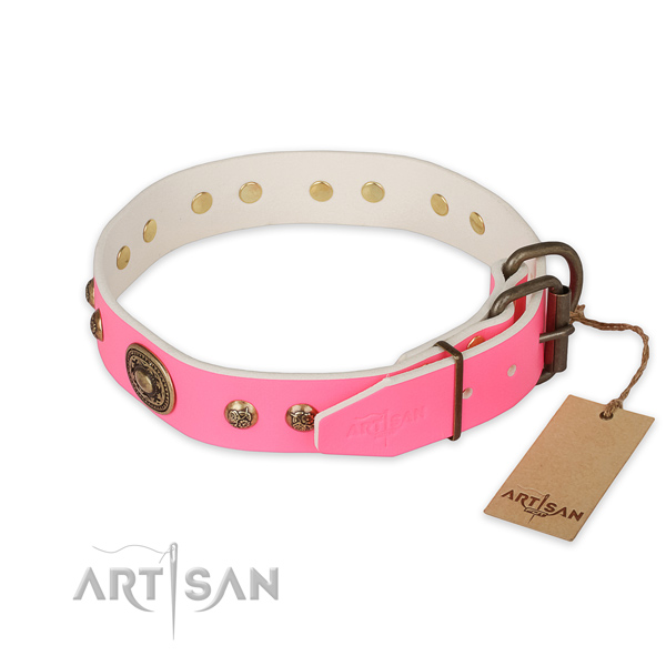 Rust-proof hardware on natural genuine leather collar for fancy walking your canine