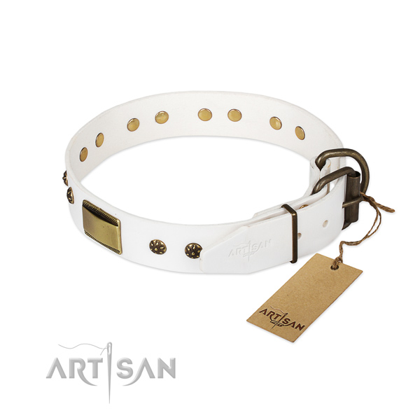 Full grain natural leather dog collar with durable D-ring and adornments