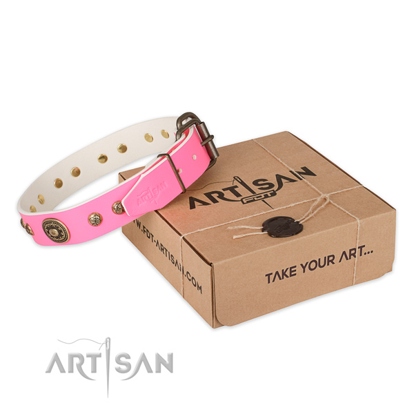 Corrosion resistant hardware on genuine leather dog collar for basic training