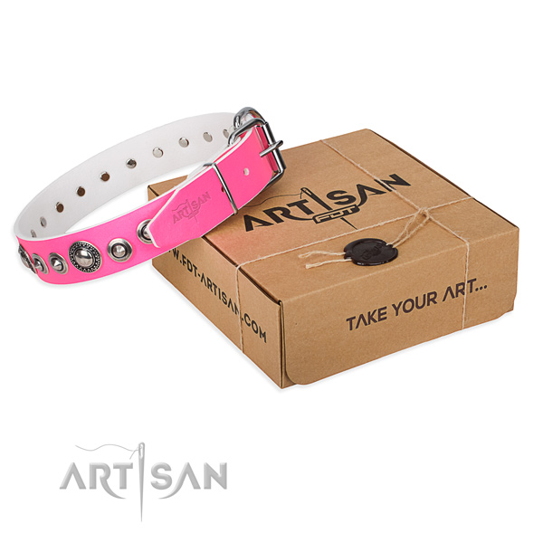 Full grain genuine leather dog collar made of high quality material with corrosion resistant traditional buckle