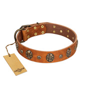 "Rockstar" FDT Artisan Tan Leather Black Russian Terrier Collar with Engraved Studs and Medallions