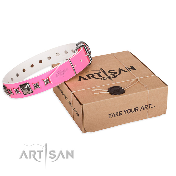 Fancy walking full grain natural leather dog collar with decorations