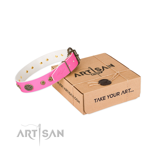 Corrosion resistant hardware on full grain natural leather dog collar for your canine