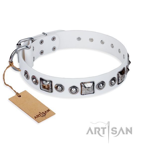 Full grain leather dog collar made of gentle to touch material with rust-proof D-ring