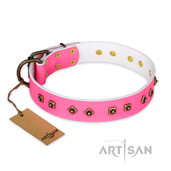 Adorned full grain genuine leather dog collar with corrosion resistant hardware