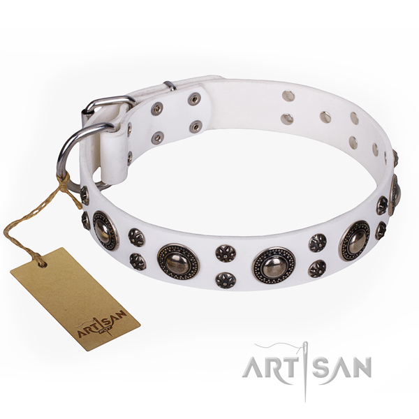 Comfortable wearing dog collar of fine quality full grain genuine leather with decorations