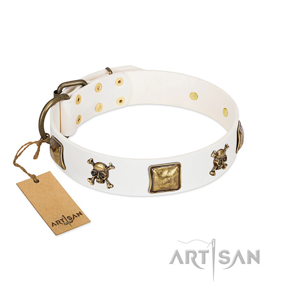 Fancy walking soft to touch genuine leather dog collar with adornments