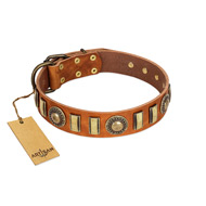 "Happy Hound" FDT Artisan Tan Leather Black Russian Terrier Collar with Elegant Decorations