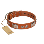 "Pawsy Glossy" FDT Artisan Exclusive Tan Leather Black Russian Terrier Collar 1 1/2 inch (40 mm) wide