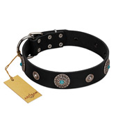 "Blue Gems" FDT Artisan Black Leather Black Russian Terrier Collar with Chrome Plated Studs and Conchos