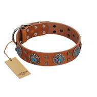 "Blue Sands" FDT Artisan Tan Leather Black Russian Terrier Collar with Silver-like Studs and Round Conchos with Stones