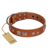 "Egyptian Gifts" Handmade FDT Artisan Tan Leather Black Russian Terrier Collar with Chrome-plated Pyramids