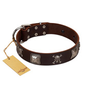 "Nut-Brown Finery" Embellished FDT Artisan Brown Leather Black Russian Terrier Collar with Chrome Plated Crossbones and Plates
