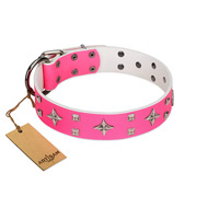 "Girls-Only" FDT Artisan Pink Leather Black Russian Terrier Collar Adorned with Stars and Tiny Squares