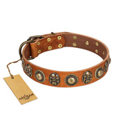 "Golden Epoch" FDT Artisan Tan Leather Black Russian Terrier Collar with Old Bronze-plated Medallions and Conchos